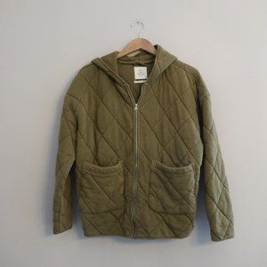 Olive Green Zip Hoodie Utility Style Quilted Jacket